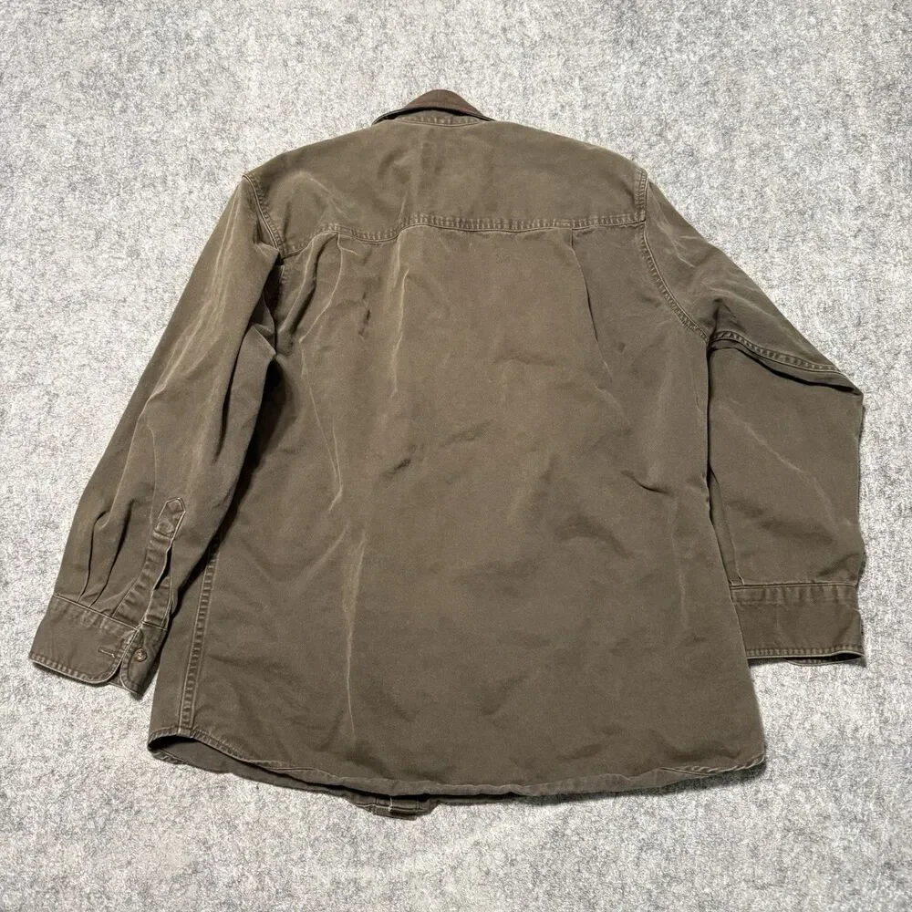 Vtg 90s Woolrich Canvas Chamois Shirt Jacket L Brown Twill Faux Suede Collar